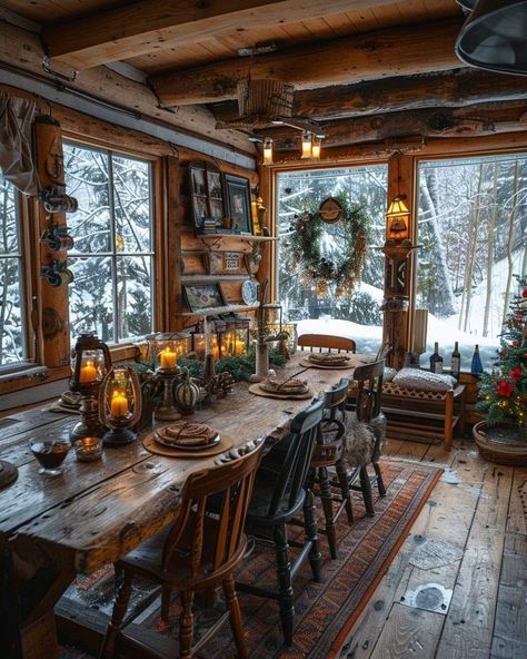 French Country Cabin, Cozy Cabin Interior, Cabin Dining Room, Log Cabin Interior, Cabin Aesthetic, Casa Country, Front Porch Christmas Decor Ideas, Porch Christmas Decor Ideas, Porch Christmas Decor