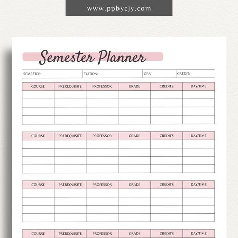 College Semester Planner Printable Template – Digital Download for Organizing Academic Schedules with sections for classes Class Schedule Planner, Class Schedule College, Semester Planner, College Printables, College Semester, Class Planner, College Course, Grade Tracker, College Class