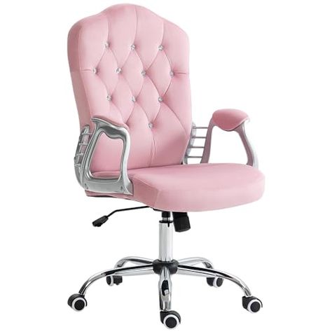 Vinsetto Home Office Chair, Velvet Computer Chair, Button Tufted Desk Chair with Swivel Wheels, Adjustable Height, and Tilt Function, Pink Blue Vanity Chair, Pink Office Aesthetic, Cute Desk Chairs, Comfy Desk Chair, Tufted Desk Chair, Nail Office, Pink Desk Chair, Pink Office Chair, Office Update