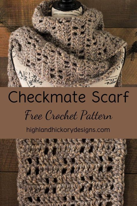 Crochet the Checkmate Scarf with this free, beginner friendly pattern. This scarf uses chunky yarn and a checkerboard pattern to create thickness and warmth. #crochet #freecrochetpattern #scarf #chunkyscarf Crochet Pattern With Bulky Yarn, Crochet Wide Scarf, Chunky Yarn Shawl Crochet Pattern Free, Chunky Cowl Crochet Pattern, Impeccable Yarn Crochet Patterns, Crochet Scarf Pattern Free Bulky Yarn, Scarf Patterns Crochet Free, Crochet Scarf Chunky Yarn, Free Crochet Pattern Scarf