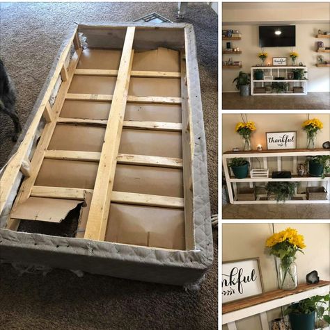 Repurpose an old box spring into a shelf. Box Spring Repurpose, Bed Upcycle, Upcycled Furniture Repurposed, Diy Box Spring, Old Sewing Machine Table, Box Spring Frame, Drawers Repurposed, Farmhouse Projects, Spring Diy Projects