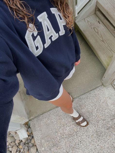 Summer Crewneck Outfit, Summer Fits With Birkenstocks, Summer Sweatshorts Outfit, Navy Gap Hoodie Outfit, Navy Blue Gap Hoodie Outfit, Beach Birkenstock Outfit, Cute Gap Hoodie Outfits, Crew Neck And Shorts Outfit, Birken Stocks Outfit