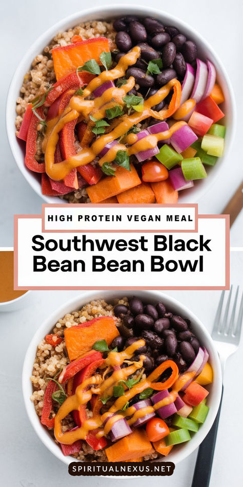 Spice up your dinner with this Vegan Southwest Black Bean Bowl! Sweet potatoes and black beans come together in this high-protein, nutrient-packed recipe. Ready in under 30 minutes! #VeganDinner #SouthwestFlavors Black Bean Bowl, Sweet Potato Bowl, Black Bean And Sweet Potato, Bean Bowl, Potato Bowl, Sweet Potato Bowls, Vegan Soul Food, Quick Easy Vegan, High Protein Vegan Recipes