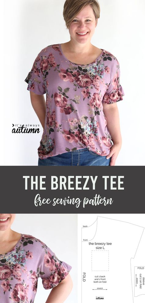 Autumn Sewing Patterns, Tunic Tops Pattern, Sewing Tops, T Shirt Pattern, How To Fold Sleeves, Shirt Sewing Pattern, Free Sewing Pattern, Fall Blouse, Sewing Tutorials Free