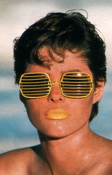 Robin Saidman for Seventeen magazine, June 1984. Sunglasses by Pan Oceanic. Sunglasses Ads, 1980s Aerobics, 1980s Sunglasses, Adriana Sklenarikova, 80's Sunglasses, Enduro Vintage, 70s Sunglasses, Eyes Covered, Patti Hansen