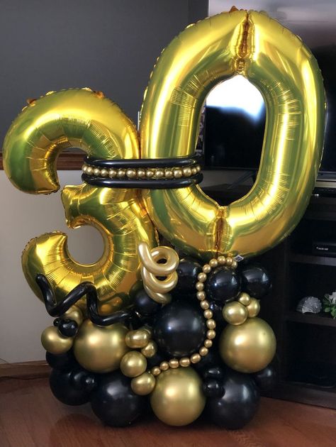 Gold And Black Balloons, Diy Balloon Decorations, Birthday Party Theme Decorations, Happy 30th, Happy 30th Birthday, Black Balloons, Baboon, Happy Birthday Greetings, Balloon Bouquet