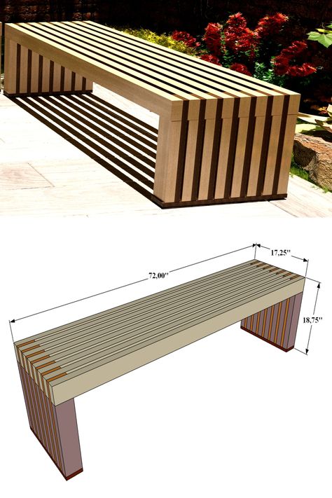 Lumber materials are standard 1x4, 2x4 and can easily be found at any home improvement store.
Plans are made in imperial units (inches)
This seating bench project can be built in under a day with basic woodshop skills.

Dimensions:
H 18.75'' x W 72'' x D 17.25''

DIY plans projects are in PDF format and include :
Detailed drawings
Materials list
Recommended tools list
Cut list
All measurements
Assembly process
Color-coded step-by-step instructions
3D visual guide Outdoor Bench Plans, Outdoor Patio Seating, Seating Bench, Simple Benches, Diy Bench Outdoor, Patio Deck Designs, Outdoor Wood Furniture, Bench Outdoor, Build Plans