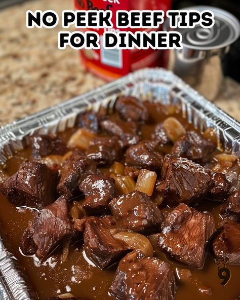 No Peek Beef, No Peek Beef Tips, No Peek, Easy Family Recipes, Brown Gravy Mix, Cream Of Mushroom, Brown Gravy, Beef Tips, Stew Meat