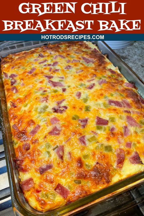 This Green Chili Breakfast Bake recipe is about as easy as it gets. A few simple ingredients and ready in about 1 hour! This one is a keeper! #breakfastcasserole #bisquick #eggcasserole #brunchideas #hotrodsrecipes Green Chili Bake, Breakfast Casserole With Green Chilis, Green Chili Breakfast Casserole, Green Chili Breakfast, Chili Breakfast, Green Chili Casserole, Ham Breakfast Casserole, Ham Breakfast, Breakfast Sausage Recipes