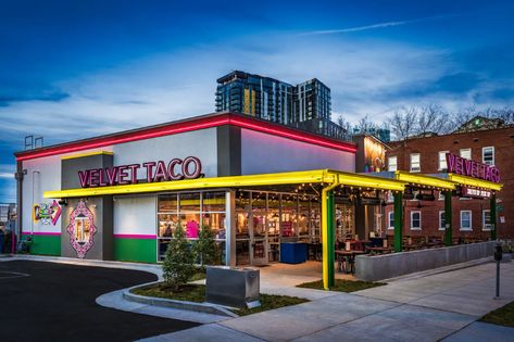 Funky New Late-Night Spot Velvet Taco Brings Drive-Thru Tacos and Red Curry Coconut Queso to Midtown - Eater Nashville Velvet Taco, Waffle Taco, Curry Coconut, Soul Food Restaurant, Surf N Turf, Italian Sub, Mexican Beer, Pizza Logo, Nashville Hot