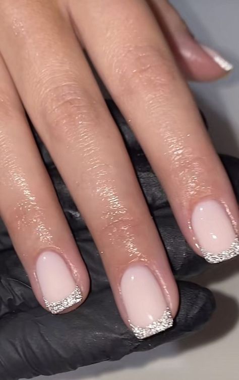 Sparky French Nails, Gold Glitter French Tip Nails Square, Black French Tip Nails With Glitter, Glitter Tips Acrylic Nails, Pink Sparkly French Tip Nails, Glittery French Tip Nails, Trendy Glitter Nails, Glitter Short Nails, French Manicure With Glitter