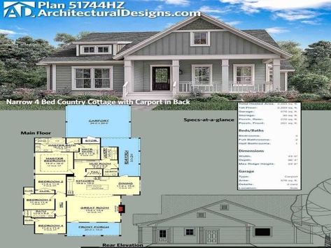 Plan 51744hz: Narrow 4 Bed Country Cottage With Carport In Back E65 Metal House Plans, Build Home, Minecraft House Designs, Cottage Plan, Casa Exterior, Farmhouse House, Cottage Ideas, 3 Car Garage, House Plans Farmhouse