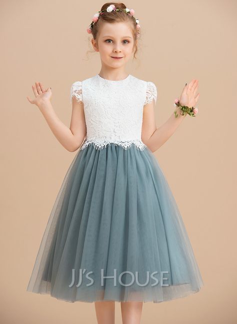 A-Line Tea-length Flower Girl Dress - Tulle/Lace Sleeveless Scoop Neck (010164718) - JJ's House Tea Length Flower Girl Dress, Sleeveless Flower Girl Dresses, Tea Length Tulle, Girls Dresses Online, Ball Gowns Princess, Tulle Flower Girl, Tulle Flowers, Flower Girl Dress Lace, Flower Girl Dresses Tulle