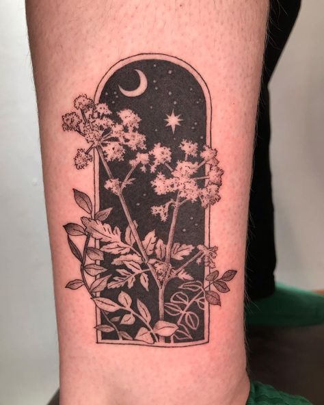 Night Related Tattoos, Night Garden Tattoo, Back Of Arm Tattoo Cover Up, Mountain Night Sky Tattoo, Night Scene Tattoo, Slanted Tattoo, Night Inspired Tattoos, Coverup Forearm Tattoo Women, Cute Coverup Tattoos