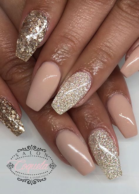 coffin long nails square glitter gold grey pink rose gold diamond nude Nude Nails With Gold Glitter, Nude And Rose Gold Nails, Champagne Gold Nails, Lana Nails, Pageant Nails, Cheer Photoshoot, Gold Sparkle Nails, Nude Nails With Glitter, 16 Nails