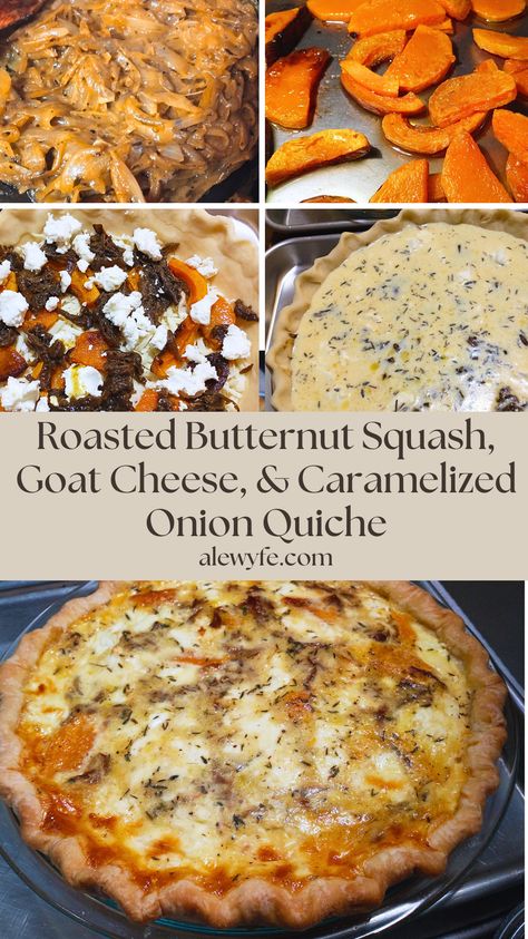 This butternut squash, goat cheese, & caramelized onion quiche is sweet and tangy, & perfect for fall and winter brunches. It’s a satisfying #vegetarian entree that’s made from scratch with tasty & nutritious whole food ingredients. More importantly, it tastes fantastic!  You can meal-prep this on the weekend and eat it for part of the week, or freeze slices or whole quiches. It's also a great way to use up leftover roasted squash or pumpkin, though we'll walk you through it from scratch. Ways To Use Butternut Squash, Butternut Squash Leftovers, Halloween Quiche Recipes, Butternut Squash Quiche Recipes, Butternut Quiche Recipes, Gouda Quiche Recipes, Winter Quiche Recipes, Leftover Butternut Squash Recipes, Fall Quiche Recipes