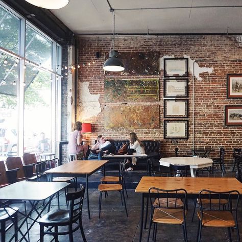 Vintage Interior Cafe, Industrial Coffee Shop, Red Barn Door, Urban Industrial Decor, Industrial Cafe, Unique Cafe, Industrial Living, Industrial Interiors, Exposed Brick Walls