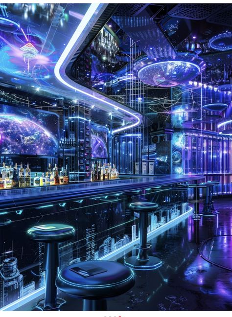 Fantasy Club Interior, Futuristic Party Aesthetic, Cyberpunk 2077 Scenery, Futuristic Stage Design, Futuristic Diner, Cyberpunk Room Interiors, Unique Bar Design, Cyberpunk Bar, Futuristic Restaurant