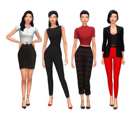 ➤ business casual perfect professional looks for the everyday business woman ▶  assistant  - hair // top // skirt // shoes   ▶  event planner - hair // jumpsuit // shoes   ▶  consultant - hair // top... Sims 4 Cc Business Clothes, Sims 4 Business, Jumpsuit Shoes, Business Clothes, Sims 4 Teen, Sims 4 Characters, Sims4 Clothes, Sims 4 Cas, Fashionable Outfits