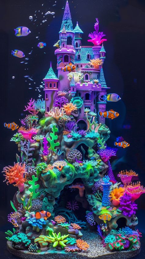 Beautifully Designed Aquarium with Nano-Colored Fish Neon Fish Tank Ideas, Fish Tank Set Up Ideas, Aquarium Reference, Themed Fish Tank, Neon Aquarium, Fish Tank Themes, Coral Reef Aquarium, Sensory Wall, Inspirational Digital Art