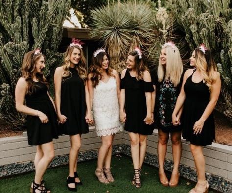 Bachelorette Party Group Outfit Ideas Black And White Hens Party Outfits, Bride In White Bridesmaids In Black Bachelorette Party, Black Dresses Bachelorette Party, Black Dress For Bachelorette Party, Bachelorette Dress Up Ideas, Bachelorette Black And White Outfits, Little Black Dress Bachelorette Party, Bachelorette Black Outfit, Bride To Be Outfit Bachelorette Parties