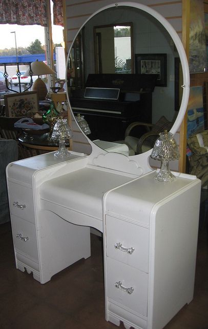 This is the exact furniture my Mom had in the late 40's thru my childhood. (Much later than the 40's, I might add!) Waterfall Vanity Makeover, Closet Dressing Table, Refinished Vanity, Contemporary Dressing Tables, Waterfall Vanity, Small Dressing Table, Shabby Chic Dressers, Shabby Chic Vanity, Vanity Makeover