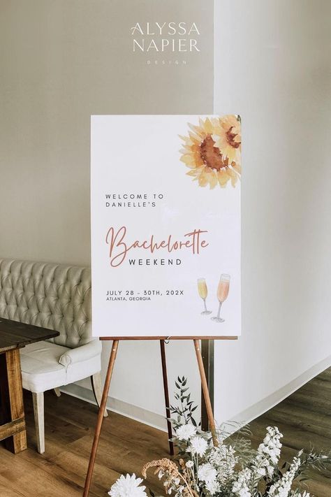 A sunflower bachelorette weekend welcome sign with watercolor sunflowers and champagne glasses. Sunflower Bachelorette, Sunflower Welcome Sign, Summer Bachelorette, Bachelorette Party Signs, Summer Bachelorette Party, Bachelorette Signs, Boho Bachelorette, Watercolor Sunflowers, Weekend Ideas