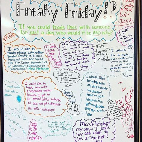 Their answers for Freaky Friday were...interesting, thoughtful, and hilarious I love these kids! #freakyfriday #miss5thswhiteboard #5thgradeinfloridaswhiteboard #iteach456 #teacherspayteachers #firstyearteacher #iteachtoo #iteach5th #teachersfollowteachers: Whiteboard Wednesday, Whiteboard Games, Morning Questions, Whiteboard Writing, Whiteboard Prompts, Whiteboard Messages, Daily Questions, Morning Board, Responsive Classroom