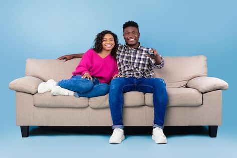 Couple Sitting On Couch, Young Black Couples, Sitting On Couch, Couple Sitting, Studio Portrait Photography, Black Couple, Graphic Design Ads, Kitchen Design Plans, Church Design