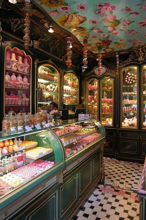 Mom And Pop Shop Aesthetic, Victorian Bakery Aesthetic, Chocolate Shop Interior Design, Bakery In France, Patisserie Interior, Vintage Candy Shop, Chocolatier Shop, Bakery In Paris, Bakery Shop Interior