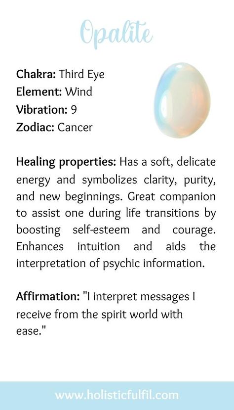 Healing properties: Has a soft, delicate energy and symbolizes clarity, purity, and new beginnings. Great companion to assist one during life transitions by boosting self-esteem and courage. Enhances intuition and aids the interpretation of psychic information. Affirmation: "I interpret messages I receive from the spirit world with ease." More Healing Crystals, Crystal Meaning at our page. Opalite Crystal Meaning, Crystal Affirmations, Opalite Crystal, Crystal Guide, Crystals Healing Properties, Spirit World, Life Transitions, Power Crystals, Crystal Meanings