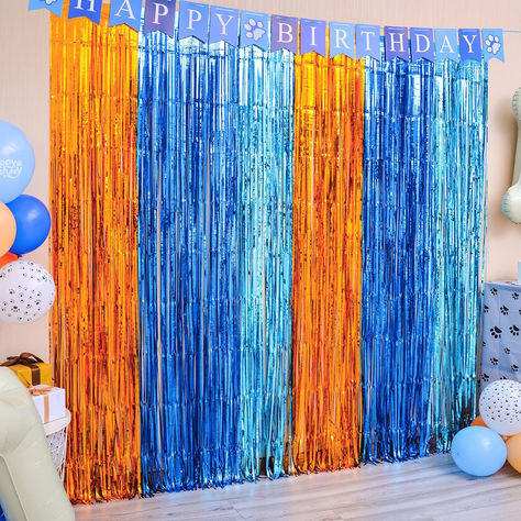 Bluey Dog Foil Fringe Curtains, Blue Dog Birthday Party Supplies, 2 Packs of 3.3x6.6 ft Orange Blue and Light Blue Tinsel Photo Booth Prop, Streamer Backdrop for Blue Dog Theme Party Decoration #ad #bluey #blueybirthday #birthdaydecor Dog Party Decorations, Fringe Curtains, Curtains Blue, Mermaid Birthday Decorations, Dog Themed Parties, Bluey Party, Rainbow Party Decorations, Luau Party Decorations, Fest Temaer