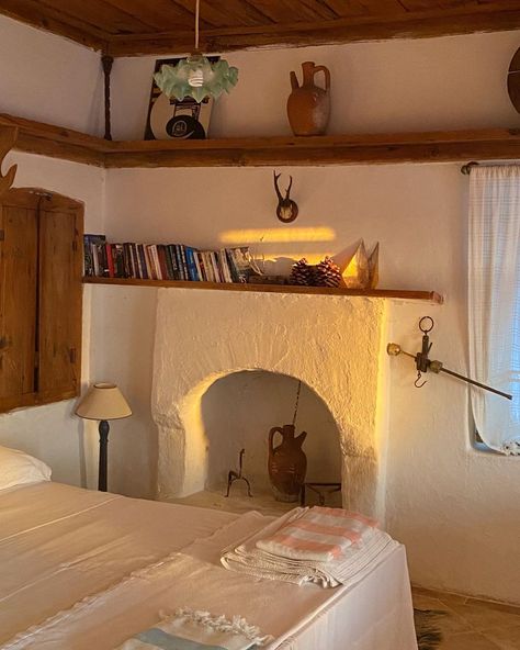 Frank and Berna’s on Instagram: “Queen bedroom and fireplace at the village home” Greece Homes, Greece House, Italy House, Village Home, Mud House, Cob House, Queen Bedroom, White Sage, Dream House Decor