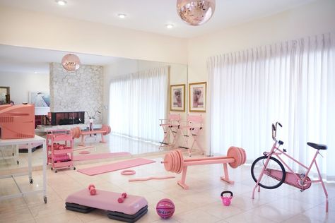 Pink Midcentury Modern, Pink Villa, Old Hollywood Regency, Pink Mustang, The Pink Palace, Dream Home Gym, 70s House, Sweet House, Gym Room At Home