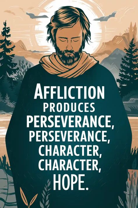 A contemplative person stands among nature with a sunrise, accompanying the text: "Affliction produces perseverance, perseverance, character, character, hope." Stand Firm In Your Faith, Romans 12 12, Walk In The Spirit, Faith And Hope, Stand Firm, Biblical Teaching, Get Closer To God, Jesus Stories, Facing Challenges