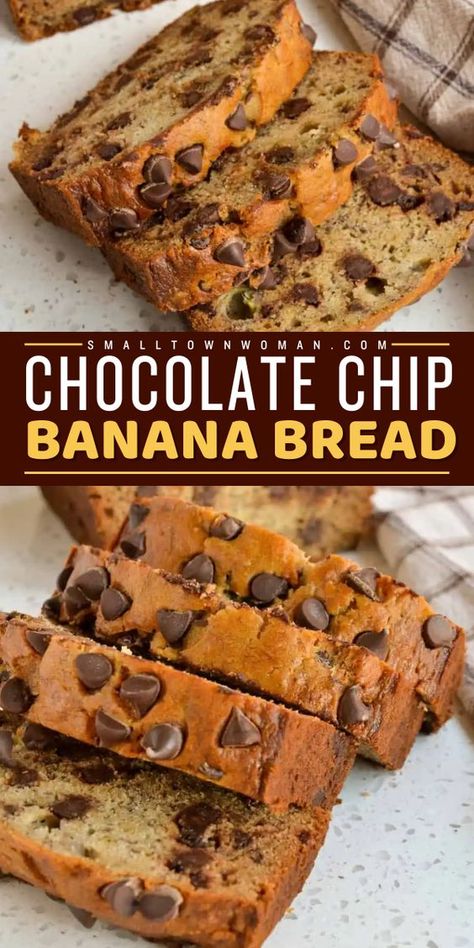 Turn your over-ripe bananas into a back-to-school breakfast idea! This Chocolate Chip Banana Bread recipe comes easily with simple ingredients full of semi-sweet chocolate chips and bananas. Enjoy a freshly baked slice of banana bread for an easy breakfast on the go! Ripe Banana Recipes Chocolate, Chocolate Chip Banana Bread Recipe Moist, Banana Bread Two Bananas, Banana Bread Butter, Super Ripe Banana Recipe, What To Make With Ripe Bananas Easy, Extra Ripe Banana Recipes, Banana Choc Chip Bread, Choco Banana Bread