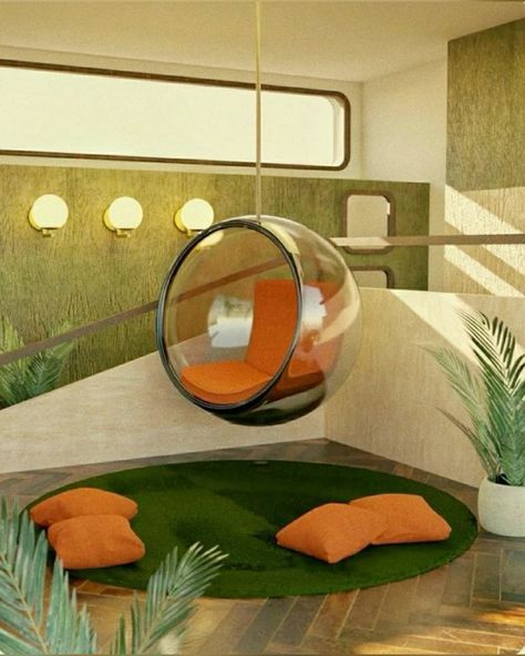 70s Space Aesthetic Room, 70d Interior Design, Retrofuturism House, Space Age Bedroom Aesthetic, 70s Modern Interior Design Living Room, Bubble Chair Living Room, Futuristic 70s Interior Design, 70s Interior Design Retro Modern, Retro Space Age Aesthetic