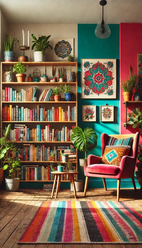 💡 17+ Library Decoration Ideas to Inspire Book Lovers Maximalist Home Library, Bookshop Interior Design, Colorful Home Library, Maximalist Library, Library Aesthetic Home, Bookshop Interior, Boho Library, Library Decoration Ideas, Whimsical Library