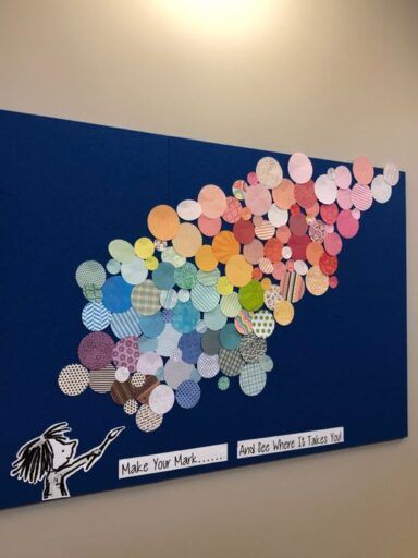 Masterpiece Bulletin Board Ideas, Large School Bulletin Board Ideas, The Dot Book Bulletin Board, Art Bulletin Board Ideas Display, Meet Teacher Bulletin Boards, Dot Day Bulletin Board Ideas, The Dot Display, Dot Bulletin Board Ideas, Grade 6 Bulletin Board Ideas