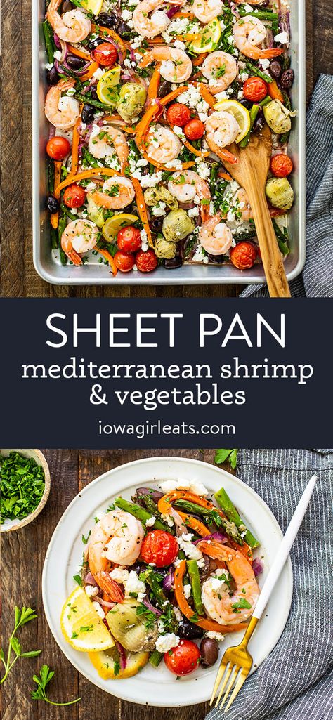 Sheet Pan Mediterranean Shrimp and Vegetables - QUICK and EASY! Shrimp And Asparagus Sheet Pan Dinner, Shrimp Sheet Pan Recipes, Pan Dinners Sheet, Sheet Pan Mediterranean, Mediterranean Shrimp Recipe, Meals Low Carb, Mediterranean Shrimp, Sheet Pan Meals, Dinners Healthy