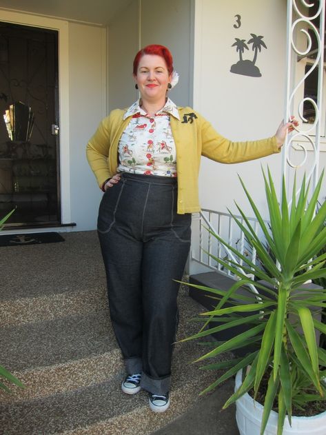 FO: 1940s Jeans (from EvaDress 3322 Wide Leg Trousers) - Subversive Femme 1940s Jeans, Rockabilly Lifestyle, Trouser Pattern, Rockabilly Girl, 40s Fashion, Vintage Inspired Outfits, Rockabilly Fashion, 1940s Fashion, Moda Vintage