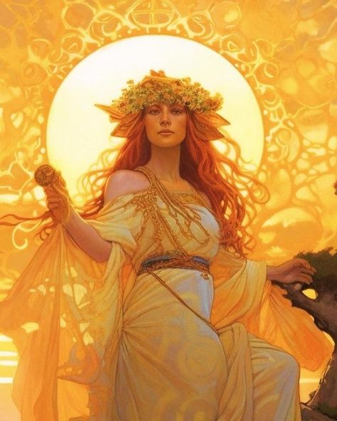 Brighid Goddess, Aurora Goddess, Celtic Deities, Irish Goddess, Nouveau Illustration, Summer Goddess, Goddess Aesthetic, Nature Goddess, Celtic Goddess