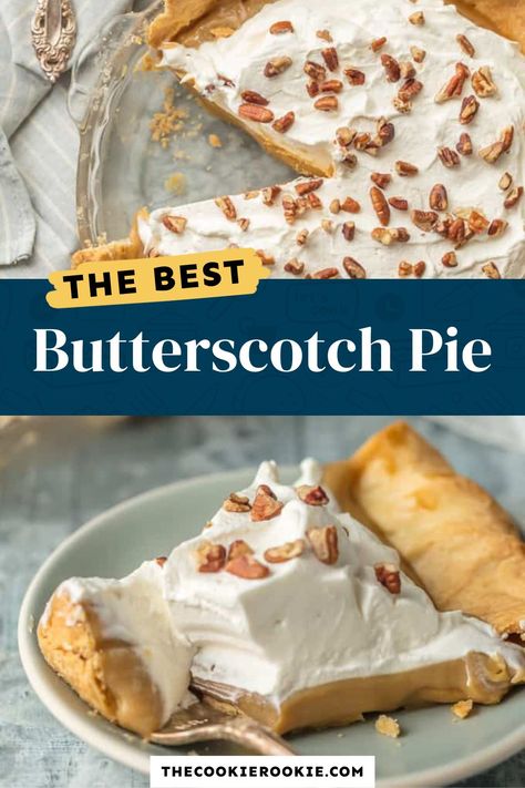 This classic Butterscotch Pie Recipe features sweet butterscotch filling piled high with fluffy whipped cream! This no-bake pie recipe is ideal for holidays like Thanksgiving, Christmas, or any other special occasion when you need something timeless and delicious. Pop over to my site for the recipe! Butterscotch Custard, Butterscotch Cream Pie, Butterscotch Pie Recipe, Butterscotch Desserts, Homemade Butterscotch, Meringue Pies, Easy Holiday Baking, Butterscotch Recipes, Dessert Pies