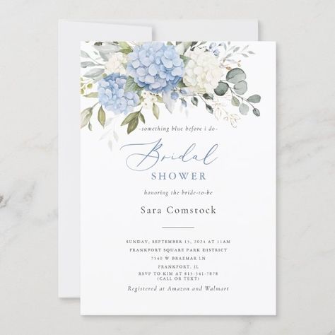 Floral Elegant Blue White Hydrangea Bridal Shower Invitation | Zazzle Blue Bridal Shower Themes, French Bridal Showers, Homemade Planner, Sky Blue Wedding, Blue Bridal Shower Invitations, Wedding Shower Cookies, Blue Hydrangea Wedding, Wedding Ireland, Bridesmaids Luncheon