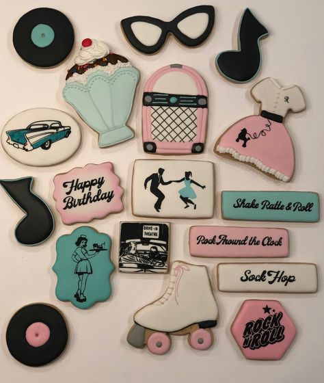 Retro cookies Decorated cookies Royal icing cookies Record cookies Chevy cookies Skate cookies Juke box cookies Drive in cookies Sundae cookies Poodle skirt cookies Sock hop cookies Shake rattle and roll cookies Music note cookies Glasses cookies Shake Rattle And Roll Theme, Grease Cookies Decorated, Retro Cookies Decorated, 50s Cookies, Record Cookies, Music Note Cookies, Sundae Cookies, 1950s Party Decorations, Skate Cookies