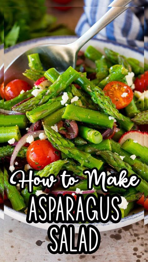 This asparagus salad is tender asparagus, tomatoes, olives, red onion and radishes, all tossed in a homemade dressing and topped with feta cheese. Marinated Asparagus, Tender Asparagus, Asparagus Salad Recipe, Easy Asparagus Recipes, Grilled Asparagus Recipes, Cherry Tomato Salad, Olive Salad, Feta Recipes, Asparagus Salad