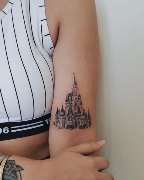 Magic Kingdom Tattoo, Disney Castle Tattoo, Minimalistic Tattoo Ideas, Tattoo Disney, Minimalistic Tattoo, Quarter Sleeve Tattoos, Paris Tattoo, Castle Tattoo, Cute Simple Tattoos