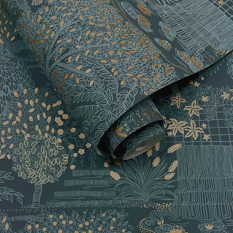 Imitating an embroidered scene inspired by the beauty of nature and Japanese gardens, this design features tall reeds and lush trees with a gentle metallic lustre effect. Seen here in the Blue colourway. Japanese Garden Wallpaper, Holden Wallpaper, Albany Wallpaper, Powder Room Wallpaper, Scene Drawing, Garden Wallpaper, Japanese Gardens, Metallic Luster, Beautiful Wallpaper