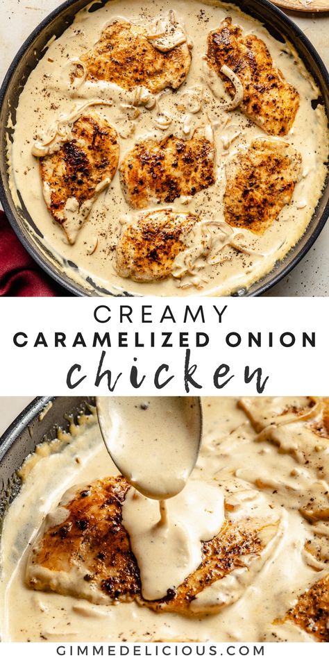 Creamy Caramelized Onion Chicken is a flavorful dinner that's easy to make in just 30 minutes! Pair it with a side of rice, pasta, mashed potatoes, or steamed vegetables for a restaurant-quality meal in the comfort of your own home. Chicken To Go With Mashed Potatoes, Creamy Onion Chicken, Mary Berg Chicken Recipes, Chicken And Spring Onion Recipes, Carmalized Onion Chicken, Chicken Recipes With Mashed Potatoes, Chicken And Onion Recipes, Baked Chicken Breast And Rice, Chicken Breast With Mashed Potatoes