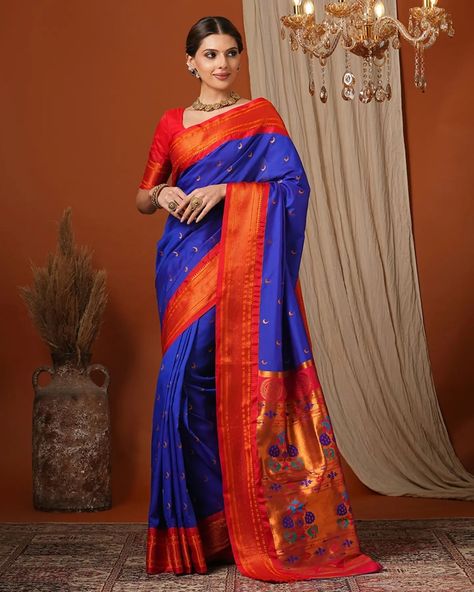 Embrace the essence of Marathi culture with our Royal Blue & Red Soft Silk Chandrakor Paithani Saree. 🌺✨ Featuring intricate checks and copper zari Chandrakor motifs, this exquisite saree captures the grace and heritage of traditional Paithani weaving. The rich peacock designs on the pallu add a timeless allure, making it a perfect choice for weddings, parties, and festive occasions. Celebrate every moment in the elegance of authentic artistry and craftsmanship. #PaithaniSaree #MarathiTrad... Royal Blue Traditional Saree, Sakharpuda Maharashtrian Look, Paithani Saree Traditional Look, Chandrakor Paithani, Marathi Culture, Paithani Saree, Instagram Photo Ideas Posts, Peacock Design, The Grace